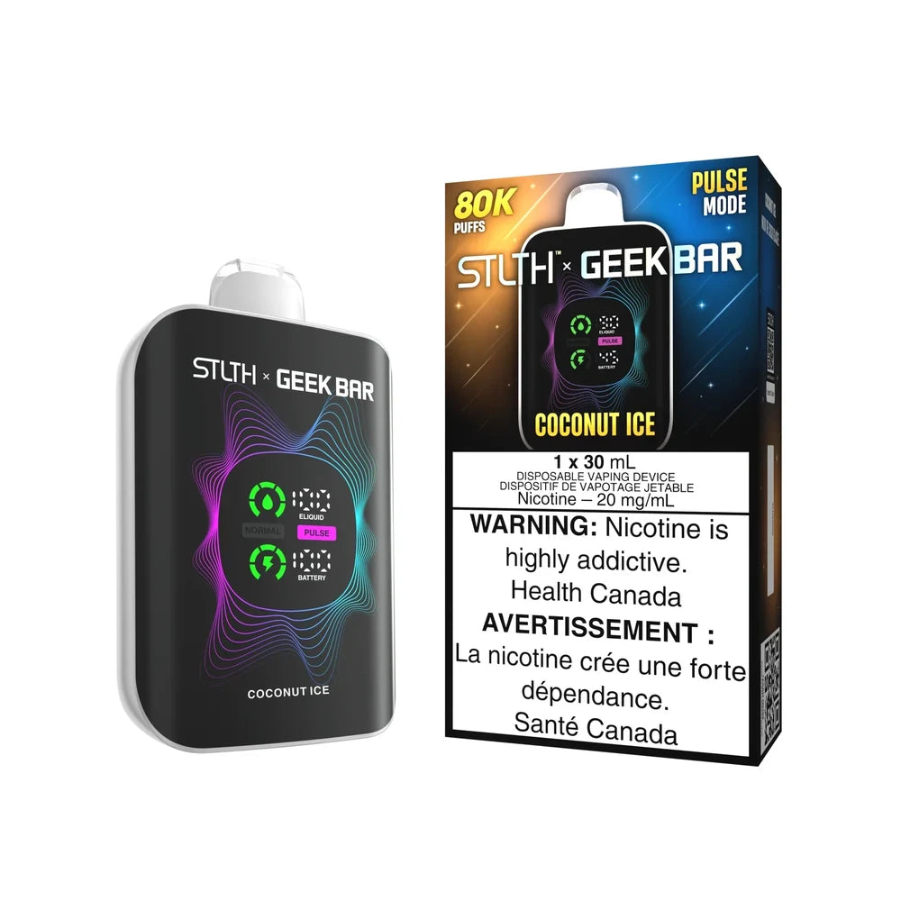 STLTH x Geek Bar 80K Coconut Ice disposable vape device and its retail packaging featuring a digital display screen with eliquid and battery indicators against a black background with colorful wave graphics.