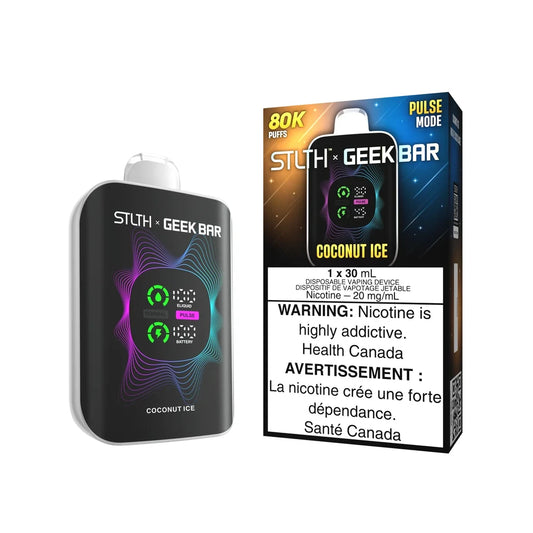 STLTH x Geek Bar 80K Coconut Ice disposable vape device and its retail packaging featuring a digital display screen with eliquid and battery indicators against a black background with colorful wave graphics.
