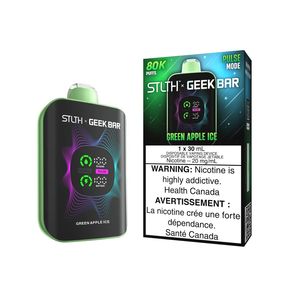 STLTH x Geek Bar 80K Green Apple Ice disposable vape device and its retail packaging featuring a black and lime green design with a digital display showing e-liquid and battery levels.