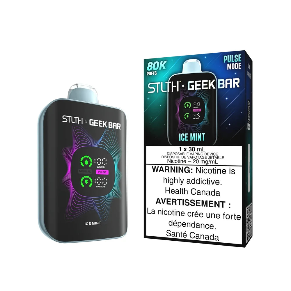STLTH x Geek Bar 80K Ice Mint disposable vape device and its retail packaging featuring a black body with a digital display screen, colorful wave graphics, and a light blue mouthpiece.
