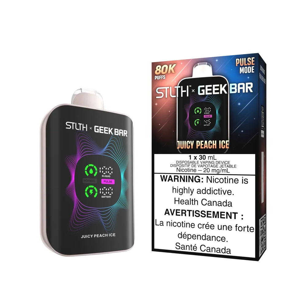 STLTH x Geek Bar 80K Juicy Peach Ice disposable vape device and its packaging featuring a digital display screen with eliquid and battery indicators against a black background with colorful wave patterns.