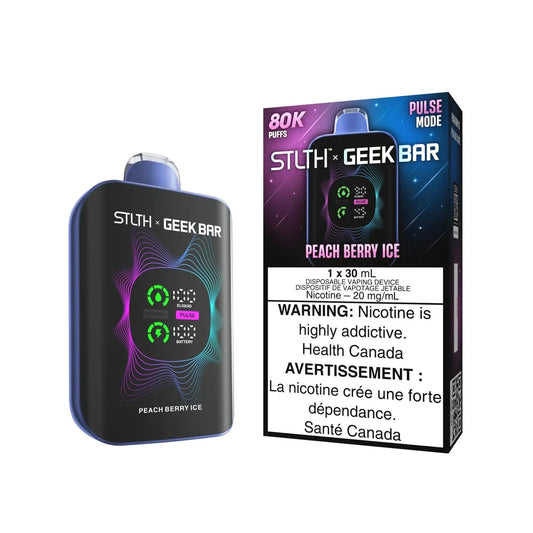 A STLTH x GEEK BAR 80K Peach Berry Ice disposable vape device and its matching retail packaging, featuring a black body with a digital display screen and vibrant purple and teal wave graphics.