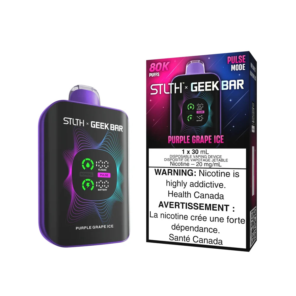STLTH x GEEK BAR 80K Purple Grape Ice disposable vape device and its packaging featuring a digital display screen, purple trim, and nicotine warning labels.