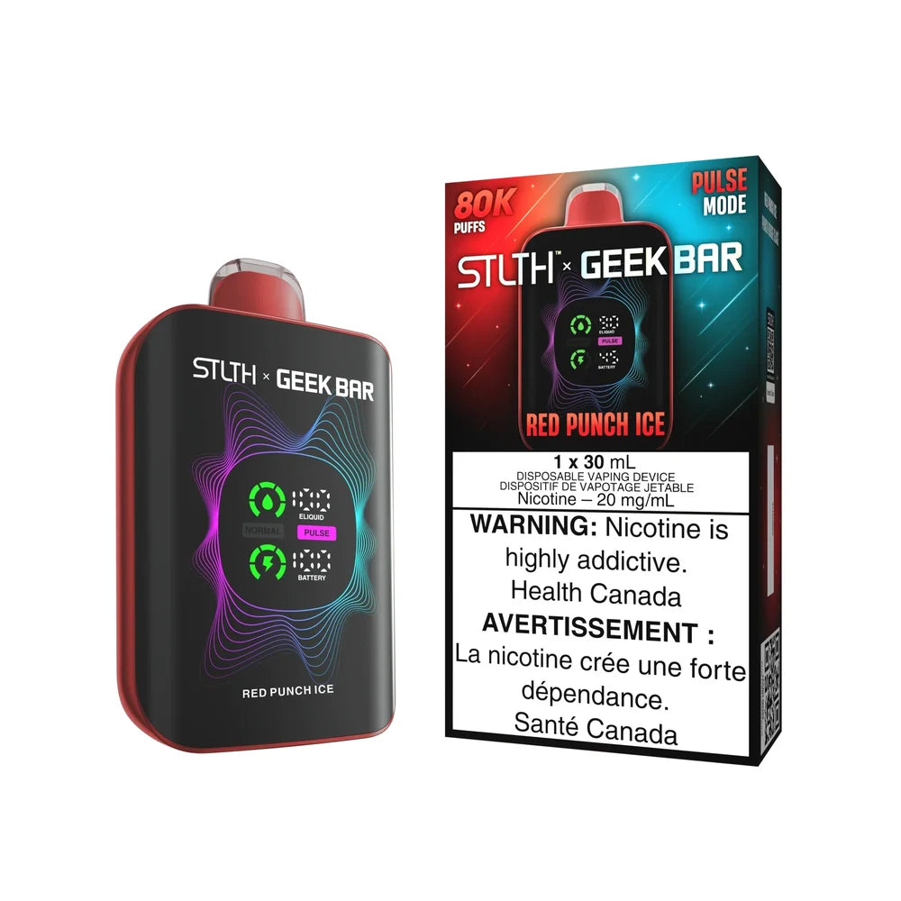 A STLTH x Geek Bar 80K Red Punch Ice disposable vape device and its matching retail packaging featuring a digital display screen and red accents on a black background.