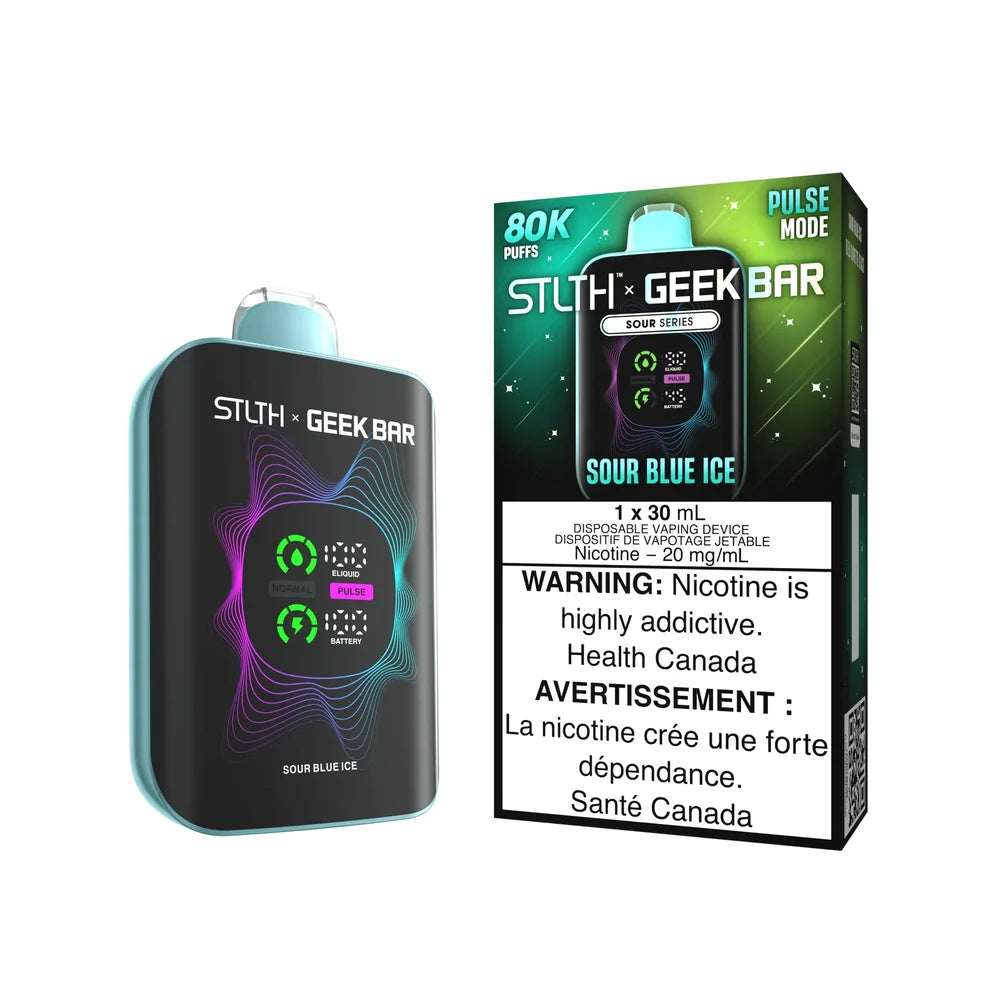A STLTH x GEEK BAR 80K Sour Blue Ice disposable vape device with a light blue trim and digital display stands next to its green and black packaging featuring product specifications and a health warning.