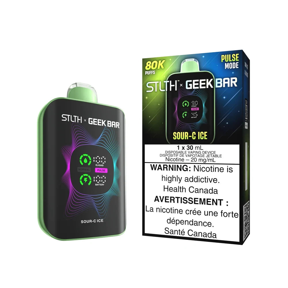 STLTH x Geek Bar 80K Sour-C Ice disposable vape device and its retail packaging featuring a black body with lime green trim, a digital display for e-liquid and battery levels, and a 20 mg/mL nicotine warning label.