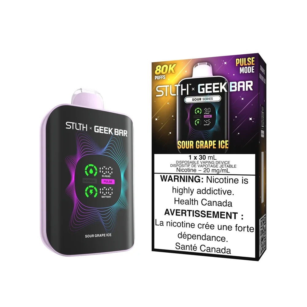 STLTH x Geek Bar 80K Sour Grape Ice disposable vape device and its retail packaging featuring a purple and black design with a digital display showing eliquid and battery levels.