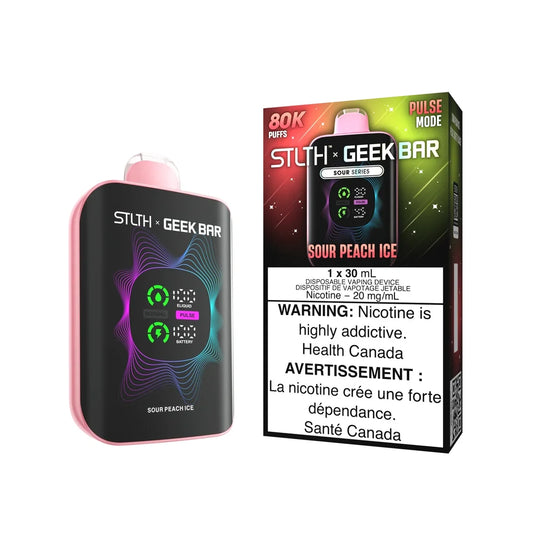 STLTH x Geek Bar 80K Sour Peach Ice disposable vape device and its packaging, featuring a black body with pink trim, a digital display showing e-liquid and battery levels, and a 20 mg/mL nicotine warning label.