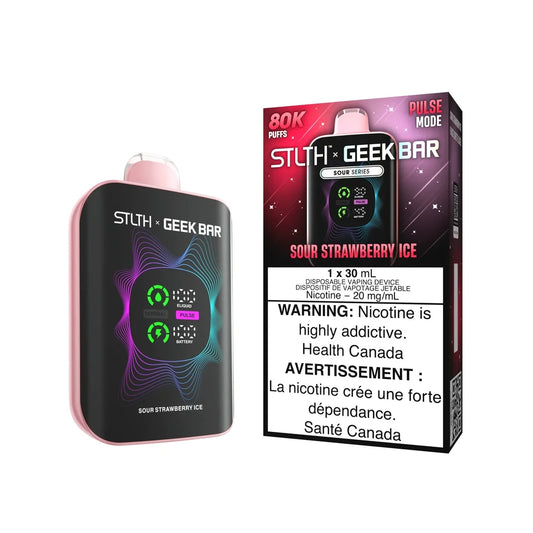 STLTH x Geek Bar 80K Sour Strawberry Ice disposable vape with a pink and black body featuring a digital display screen next to its matching retail packaging.