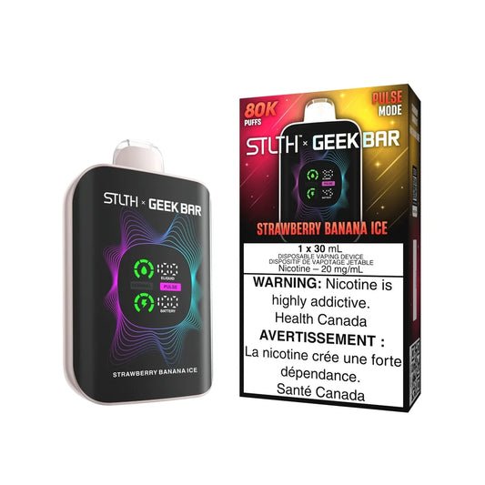 A STLTH x GEEK BAR 80K Strawberry Banana Ice disposable vape device and its matching retail box featuring a digital display screen, colorful wave graphics, and 20 mg/mL nicotine warning labels.