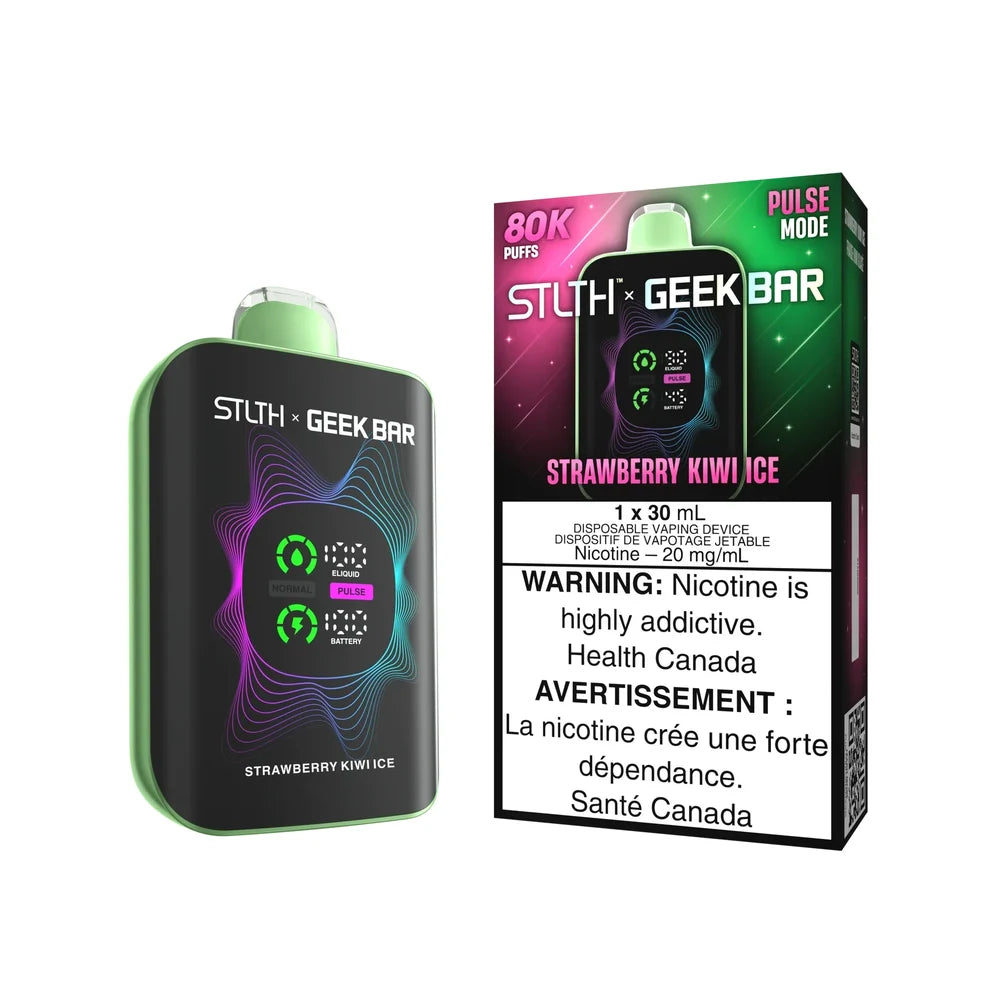 STLTH x Geek Bar 80K Strawberry Kiwi Ice disposable vape device and its retail packaging featuring a black body with green trim, a digital display screen, and a pink and green gradient box.