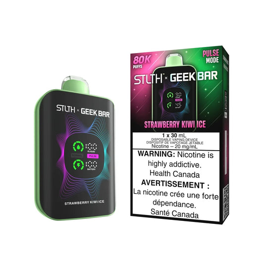 STLTH x Geek Bar 80K Strawberry Kiwi Ice disposable vape device and its retail packaging featuring a black body with green trim, a digital display screen, and a pink and green gradient box.