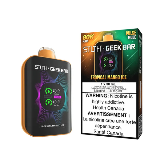 STLTH x Geek Bar 80K Tropical Mango Ice disposable vape device and its retail packaging featuring a black body with orange trim, a digital display screen, and 20 mg/mL nicotine warning labels.