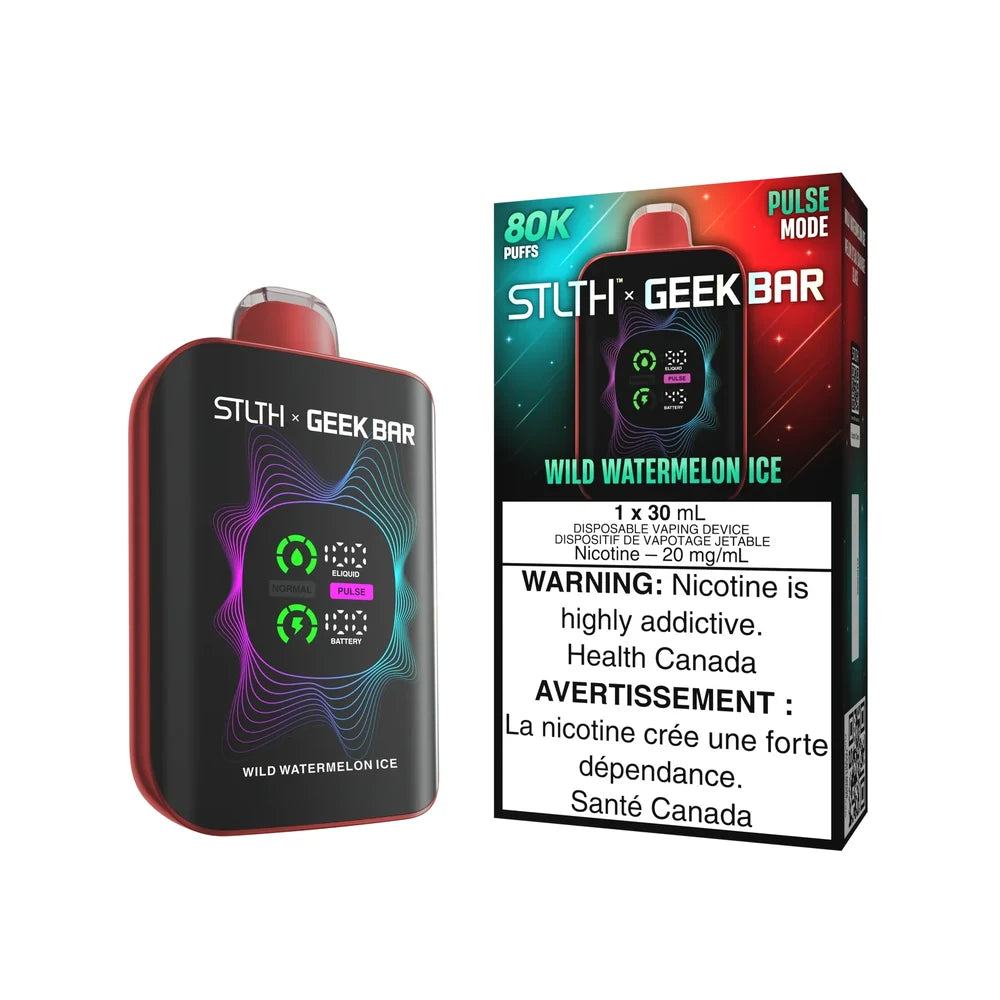 STLTH x GEEK BAR 80K Wild Watermelon Ice disposable vape featuring a black and red device with a digital display next to its matching retail packaging.
