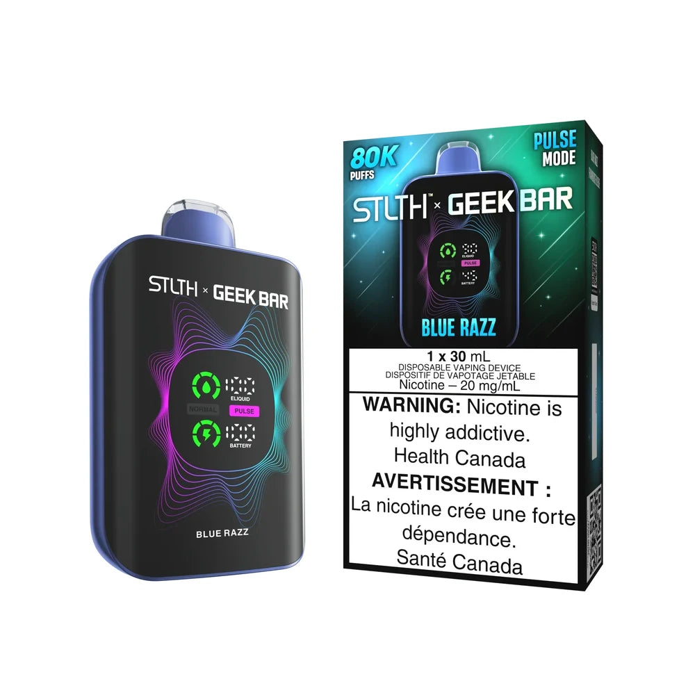 STLTH x Geek Bar 80K Blue Razz disposable vape device and its packaging featuring a digital display screen, 20mg nicotine strength, and a black body with blue and purple wave graphics.