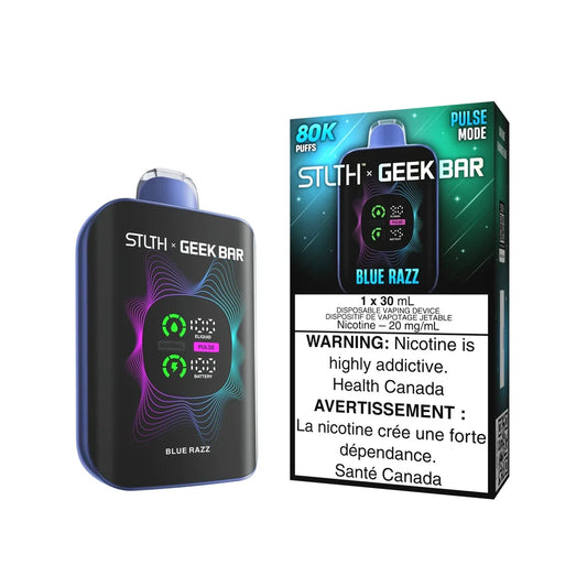 STLTH x Geek Bar 80K Blue Razz disposable vape device and its packaging featuring a digital display screen, 20mg nicotine strength, and a black body with blue and purple wave graphics.