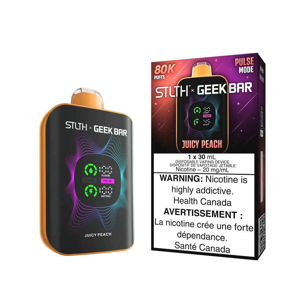 STLTH x Geek Bar Juicy Peach 80K disposable vape device and its packaging featuring a black body with orange trim, a digital screen displaying e-liquid and battery levels, and a 20mg nicotine warning label.