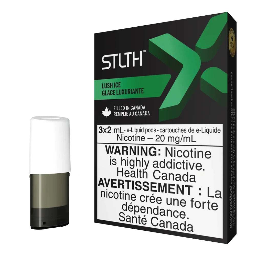 A single STLTH X Lush Ice pod stands next to its black and green cardboard packaging featuring the STLTH logo, 20 mg/mL nicotine strength, and a Health Canada warning label.