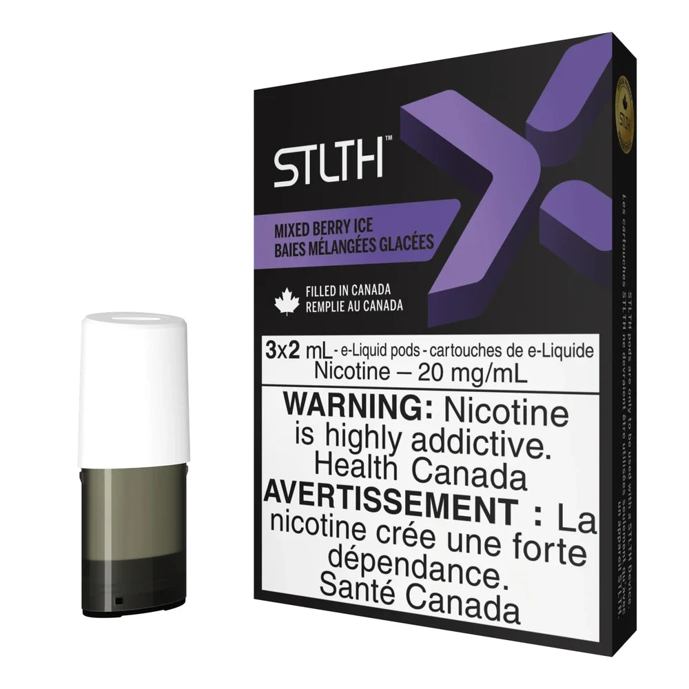 A single white and translucent STLTH X vape pod stands next to its black and purple packaging labeled Mixed Berry Ice with a 20 mg/mL nicotine warning.