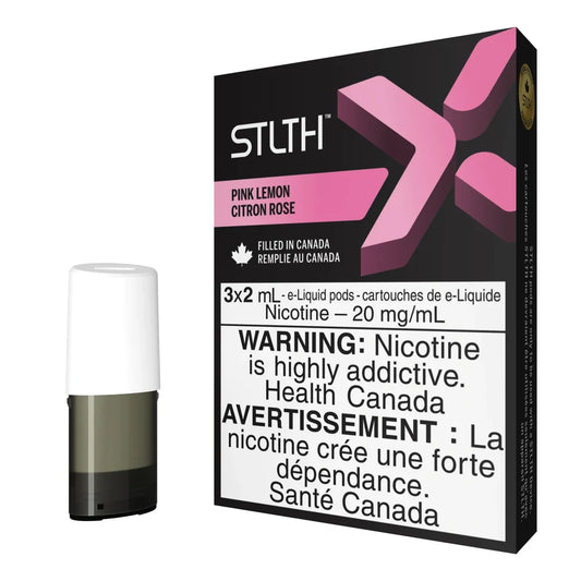 A black STLTH X Pink Lemon pod pack box featuring a large pink X logo and a single white and grey e-liquid pod standing beside it.