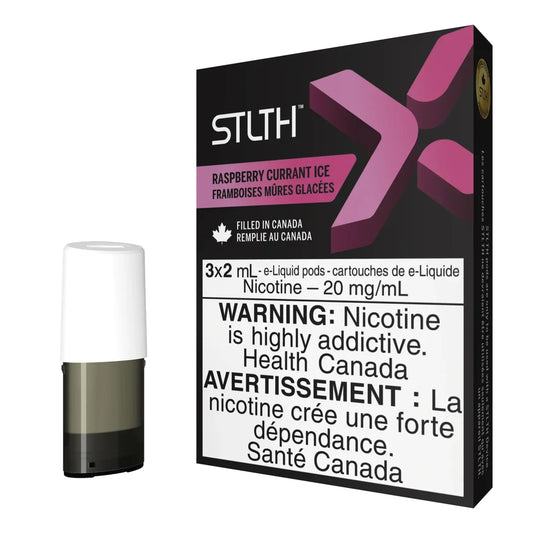 A single STLTH X e-liquid pod with a white mouthpiece stands next to its black and purple Raspberry Currant Ice packaging featuring a large stylized X and Health Canada nicotine warnings.