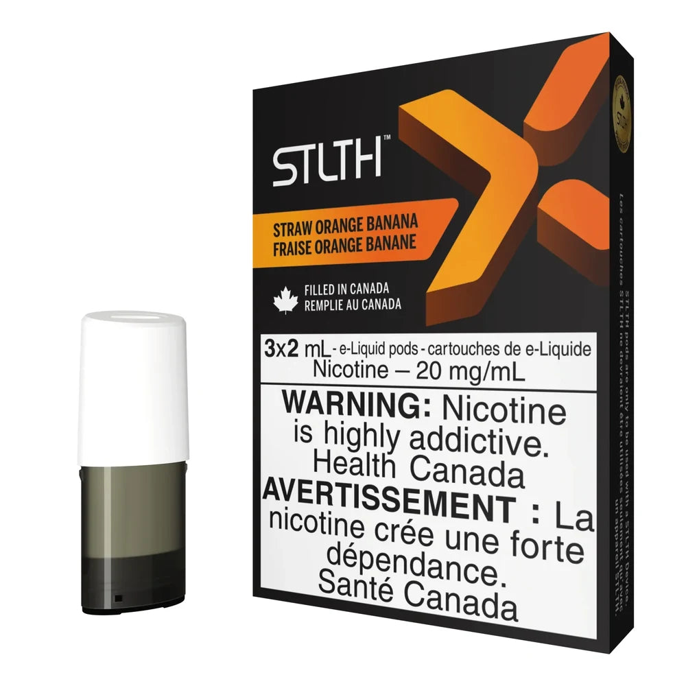 A black STLTH X Straw Orange Banana pod pack featuring a large orange X logo alongside a single white and grey e-liquid pod on a plain black background.