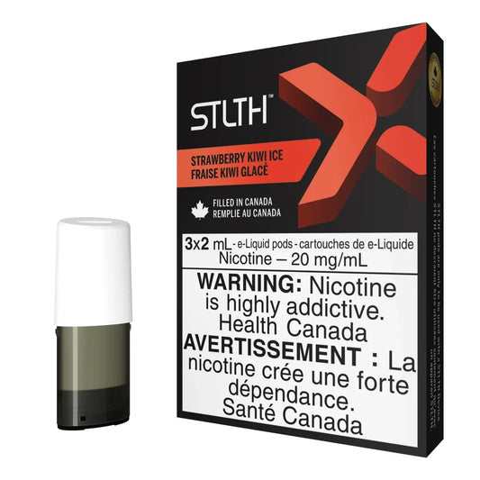 A black STLTH X Strawberry Kiwi Ice pod pack featuring a red X logo alongside a single white and grey e-liquid pod on a plain black background.