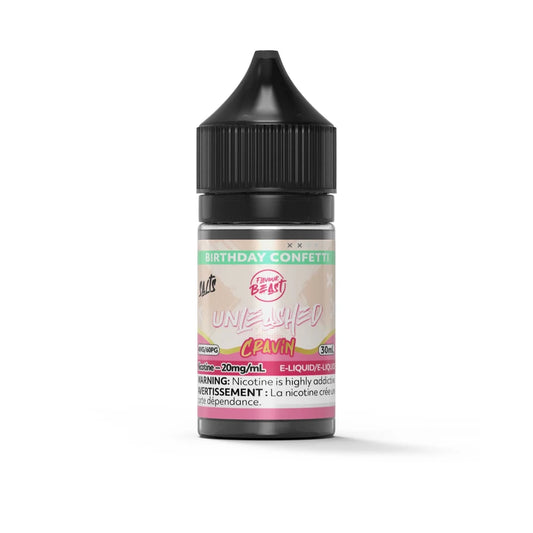 A 30mL bottle of Flavour Beast Unleashed Cravin Birthday Confetti salt nicotine e-liquid featuring a black child-resistant cap and a label with pink and teal accents.