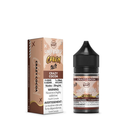 Flavour Beast Unleashed Cravin Crazy Cocoa e-liquid bottle and matching brown and tan packaging featuring 20mg nicotine salt and 30mL volume labels.