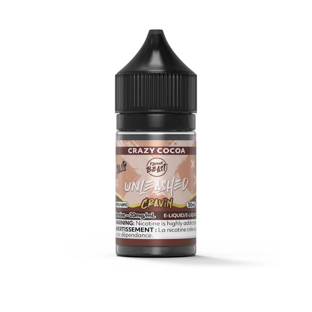 A 30mL bottle of Flavour Beast Unleashed Cravin Crazy Cocoa nicotine salt e-liquid featuring a black child-resistant cap and a brown label with a 20mg/mL nicotine warning.