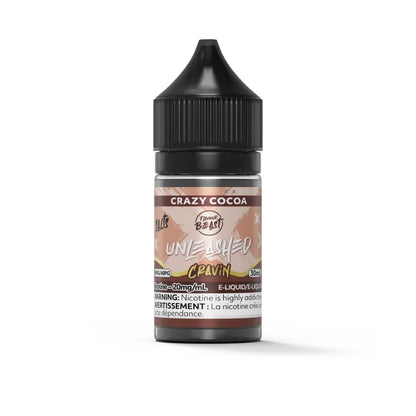 A 30mL bottle of Flavour Beast Unleashed Cravin Crazy Cocoa nicotine salt e-liquid featuring a black child-resistant cap and a brown label with a 20mg/mL nicotine warning.