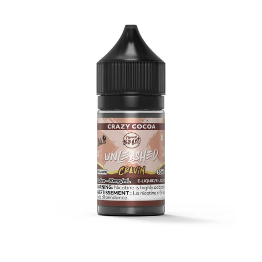 A 30mL bottle of Flavour Beast Unleashed Cravin Crazy Cocoa nicotine salt e-liquid featuring a black child-resistant cap and a brown label with a 20mg/mL nicotine warning.