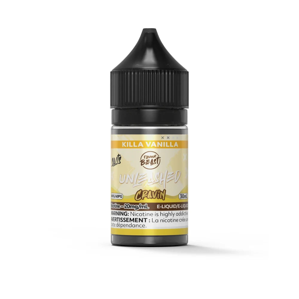 A 30mL bottle of Flavour Beast Unleashed Cravin Killa Vanilla nicotine salts e-liquid featuring a black child-resistant cap and a yellow label with a nicotine warning.