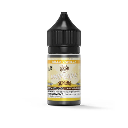 A 30mL bottle of Flavour Beast Unleashed Cravin Killa Vanilla nicotine salts e-liquid featuring a black child-resistant cap and a yellow label with a nicotine warning.