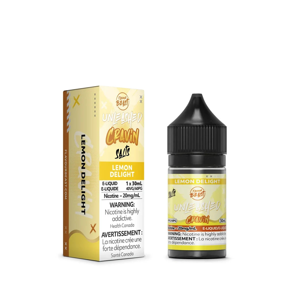 A 30mL bottle and matching cardboard box for Flavour Beast Unleashed Cravin Salts Lemon Delight e-liquid, featuring a yellow and white design with a black child-resistant cap and nicotine warning labels.