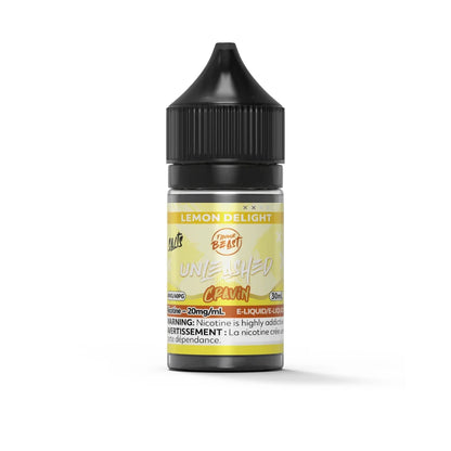 A 30mL bottle of Flavour Beast Unleashed Cravin Lemon Delight nicotine salt e-liquid featuring a yellow label and a black child-resistant cap against a plain white background.
