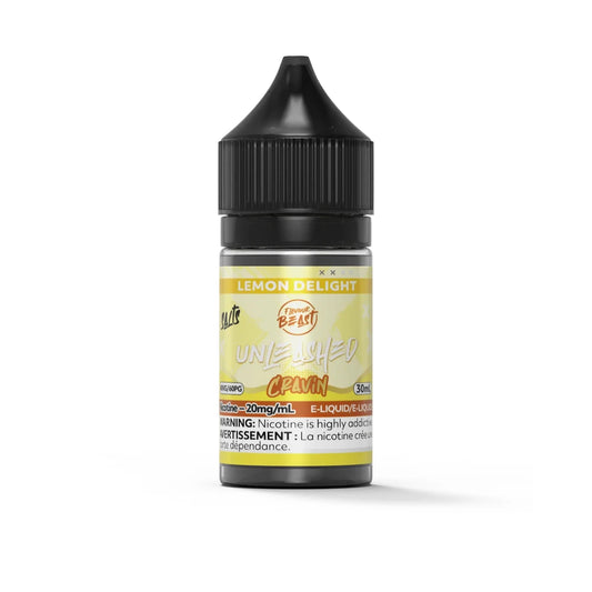 A 30mL bottle of Flavour Beast Unleashed Cravin Lemon Delight nicotine salt e-liquid featuring a yellow label and a black child-resistant cap against a plain white background.