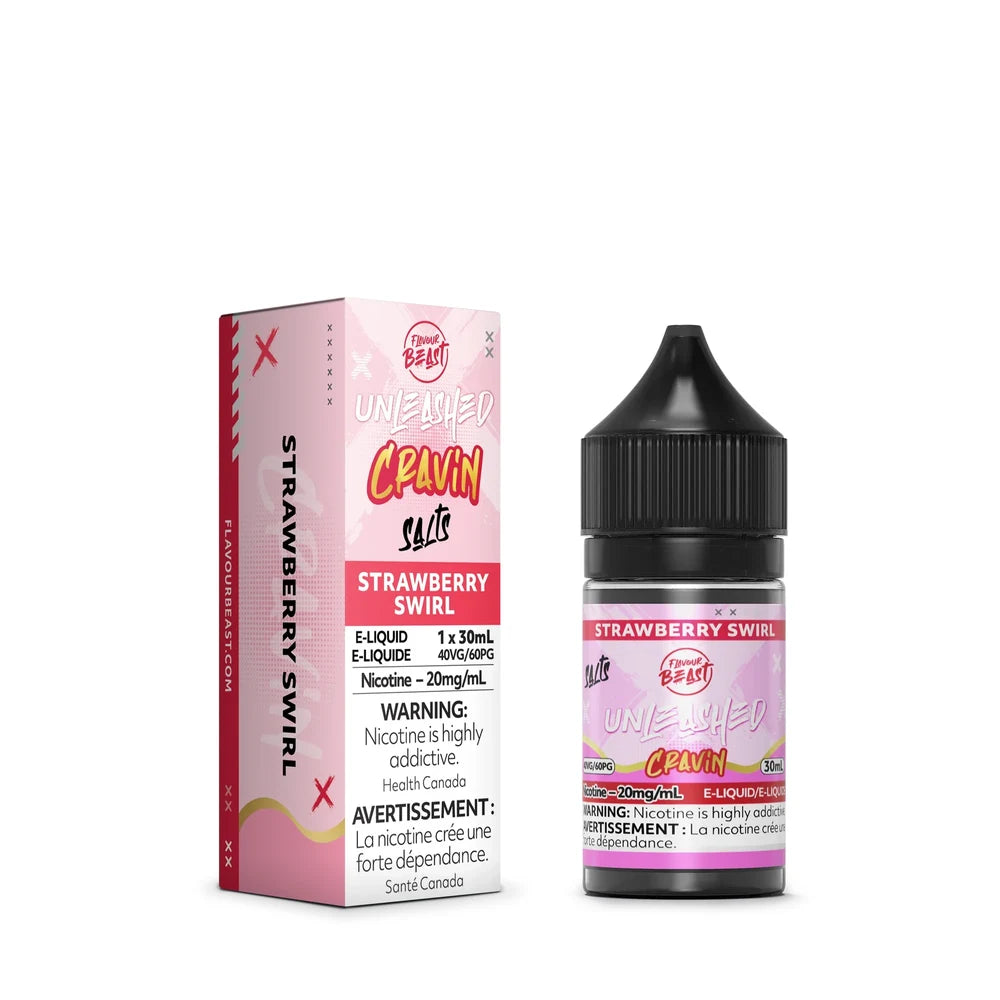 A 30mL bottle and matching pink box of Flavour Beast Unleashed Cravin Salts Strawberry Swirl e-liquid with a black child-resistant cap and visible nicotine warning labels.
