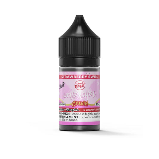A 30mL bottle of Flavour Beast Unleashed Cravin Strawberry Swirl salt nicotine e-liquid featuring a pink label and a black child-resistant cap.