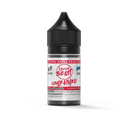 A 30mL bottle of Flavour Beast Unleashed Epic Apple Peach Iced nicotine salt e-liquid featuring a black child-resistant cap and a white label with red and blue accents.