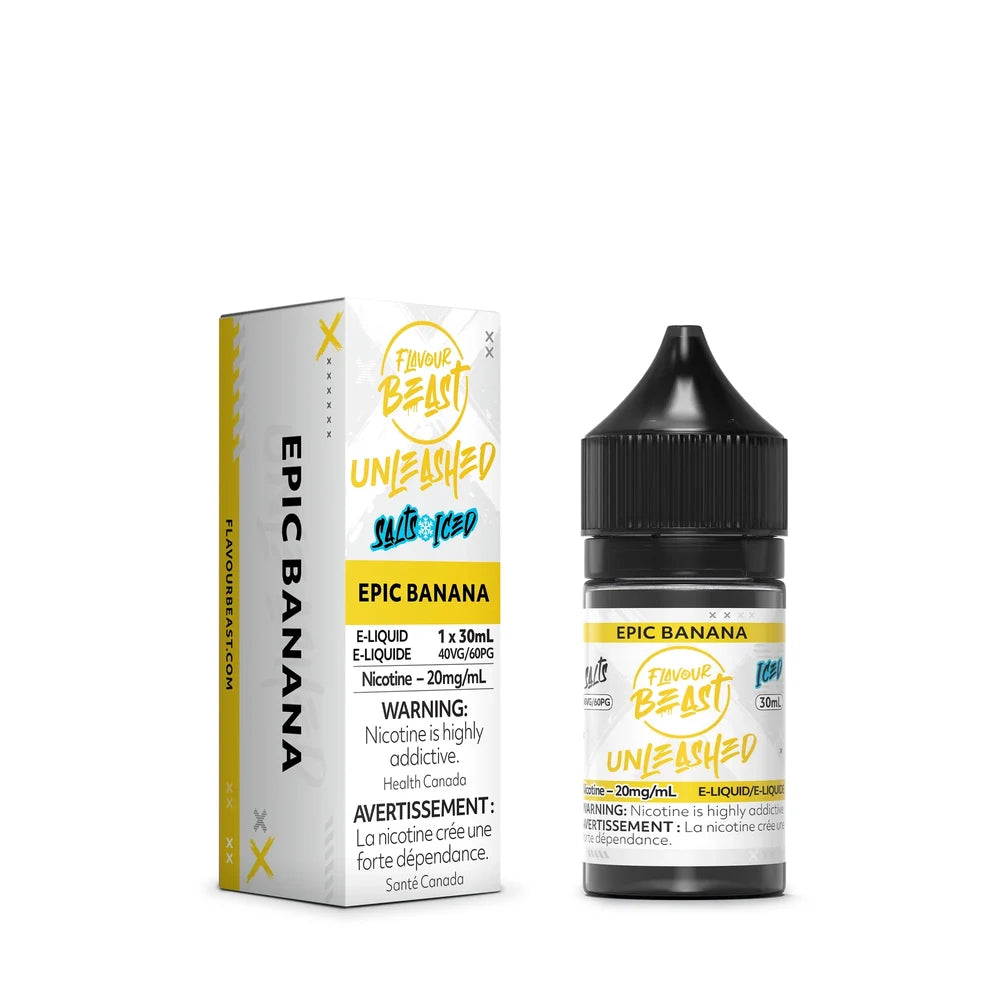 A 30mL bottle and matching cardboard box of Flavour Beast Unleashed Epic Banana Iced e-liquid featuring yellow and white branding with black text and a nicotine warning label.