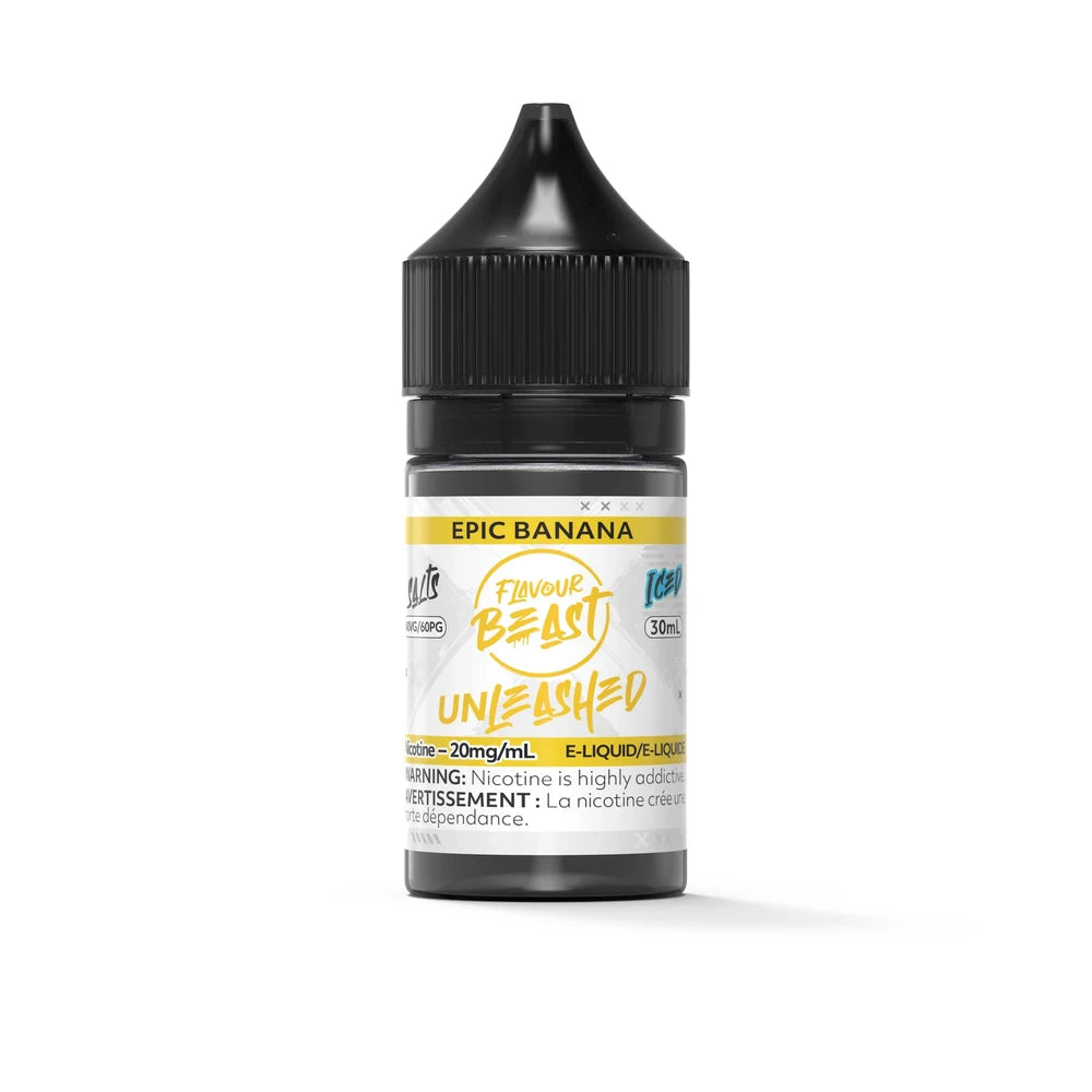A 30mL bottle of Flavour Beast Unleashed Epic Banana Iced nicotine salt e-liquid featuring a yellow and white label with a black child-resistant cap.