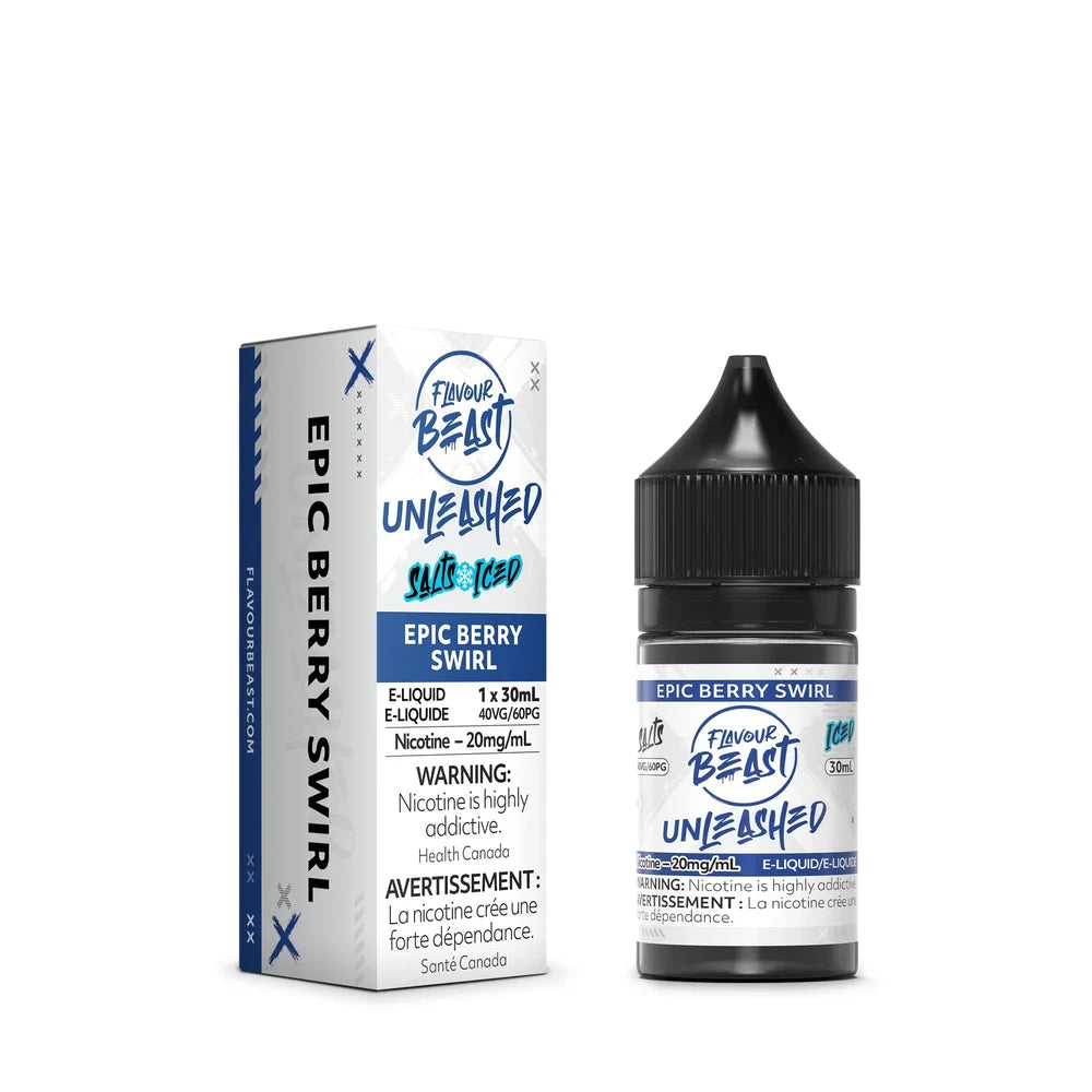 A 30mL bottle and cardboard box of Flavour Beast Unleashed Epic Berry Swirl Iced salt nicotine e-liquid featuring blue and white branding with health warning labels.