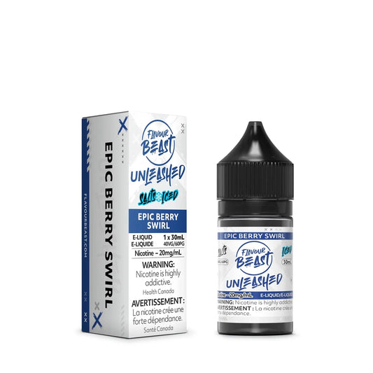 A 30mL bottle and cardboard box of Flavour Beast Unleashed Epic Berry Swirl Iced salt nicotine e-liquid featuring blue and white branding with health warning labels.