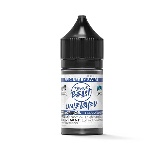 A 30mL bottle of Flavour Beast Unleashed Epic Berry Swirl Iced e-liquid featuring a black child-resistant cap and a white label with blue accents and a nicotine warning.