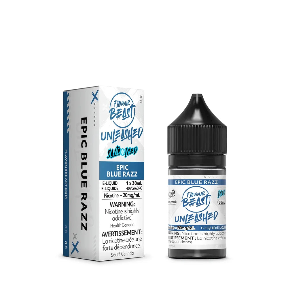 A 30mL bottle and cardboard box of Flavour Beast Unleashed Epic Blue Razz Iced nicotine salts e-liquid featuring white, blue, and black packaging with a 20mg/mL nicotine warning label.
