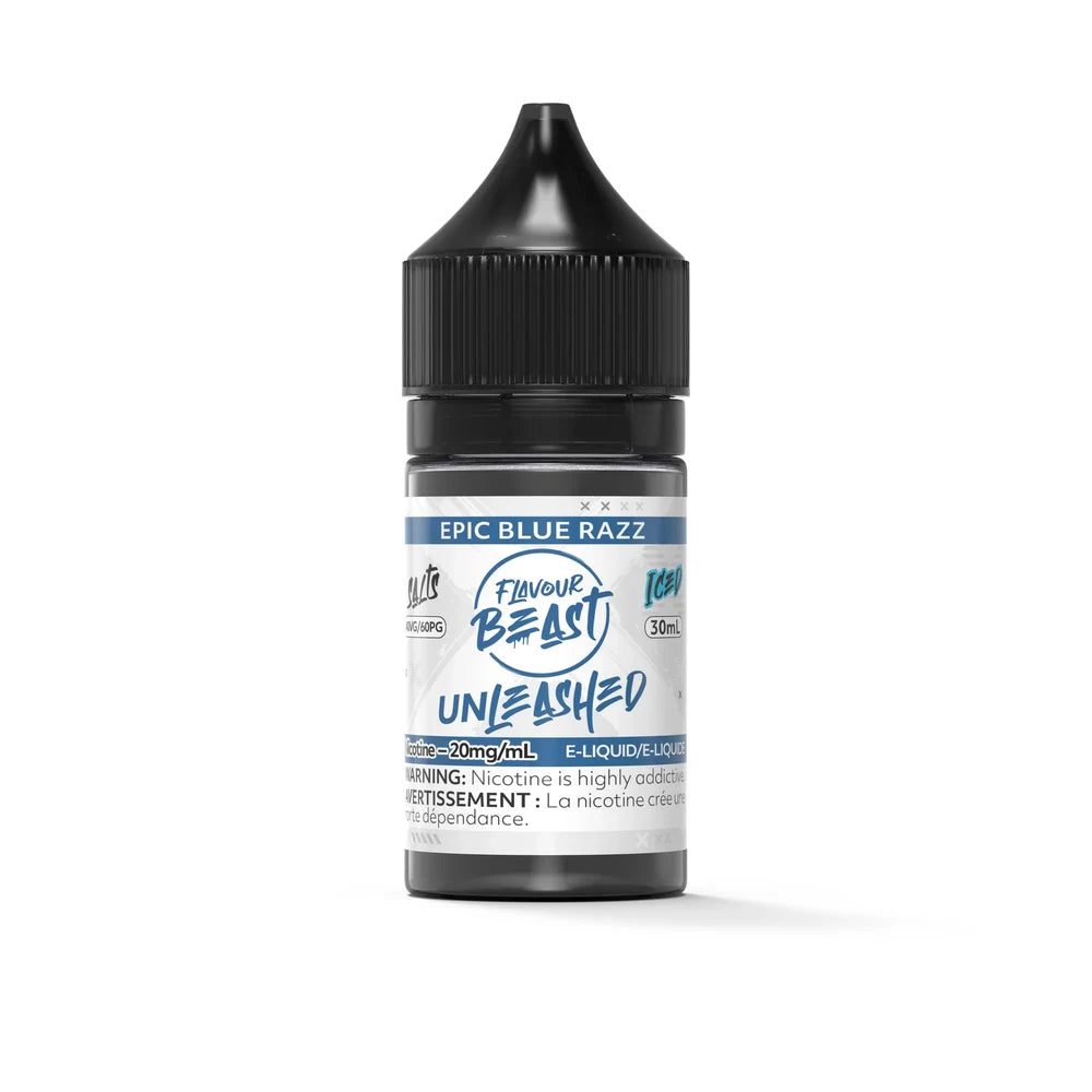 A 30mL bottle of Flavour Beast Unleashed Epic Blue Razz Iced nicotine salt e-liquid featuring a black child-resistant cap and a white label with blue branding and a nicotine warning.