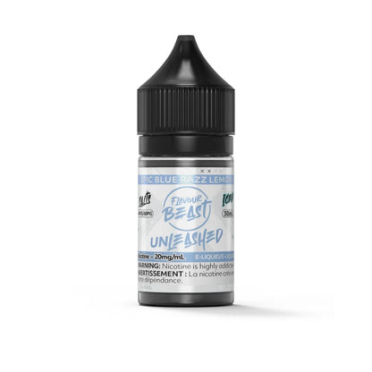 A 30mL bottle of Flavour Beast Unleashed Epic Blue Razz Lemon Iced nicotine salts e-liquid featuring a black child-resistant cap and a white label with blue branding.