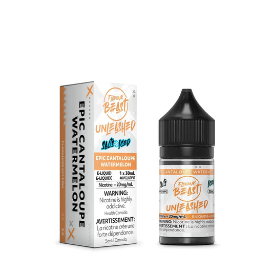 A 30mL bottle and matching cardboard box of Flavour Beast Unleashed Epic Cantaloupe Watermelon Iced salt nicotine e-liquid, featuring white and orange packaging with bold black text and a health warning label.