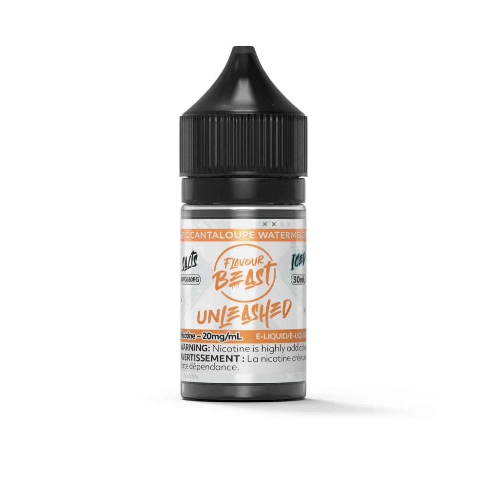 A 30mL bottle of Flavour Beast Unleashed Epic Cantaloupe Watermelon Iced e-liquid with a black child-resistant cap and an orange and white label.